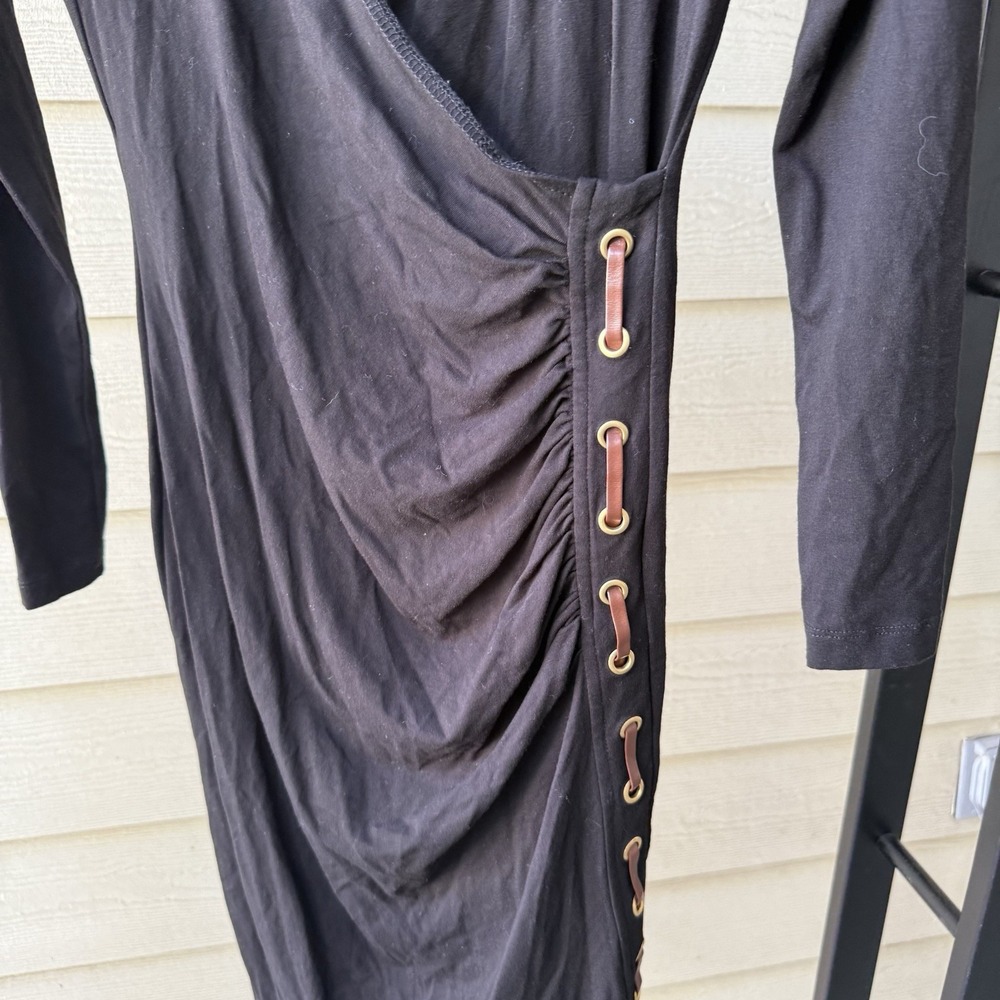 Carmen Marc Valvo Black Ruched Mock Wrap Dress Small Leather Detail LBD Cocktail - Picture 3 of 7